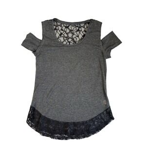 Women's Med Gray Black Lace Panel Cold Shoulder Shirt Y2K 90's Soft Romantic